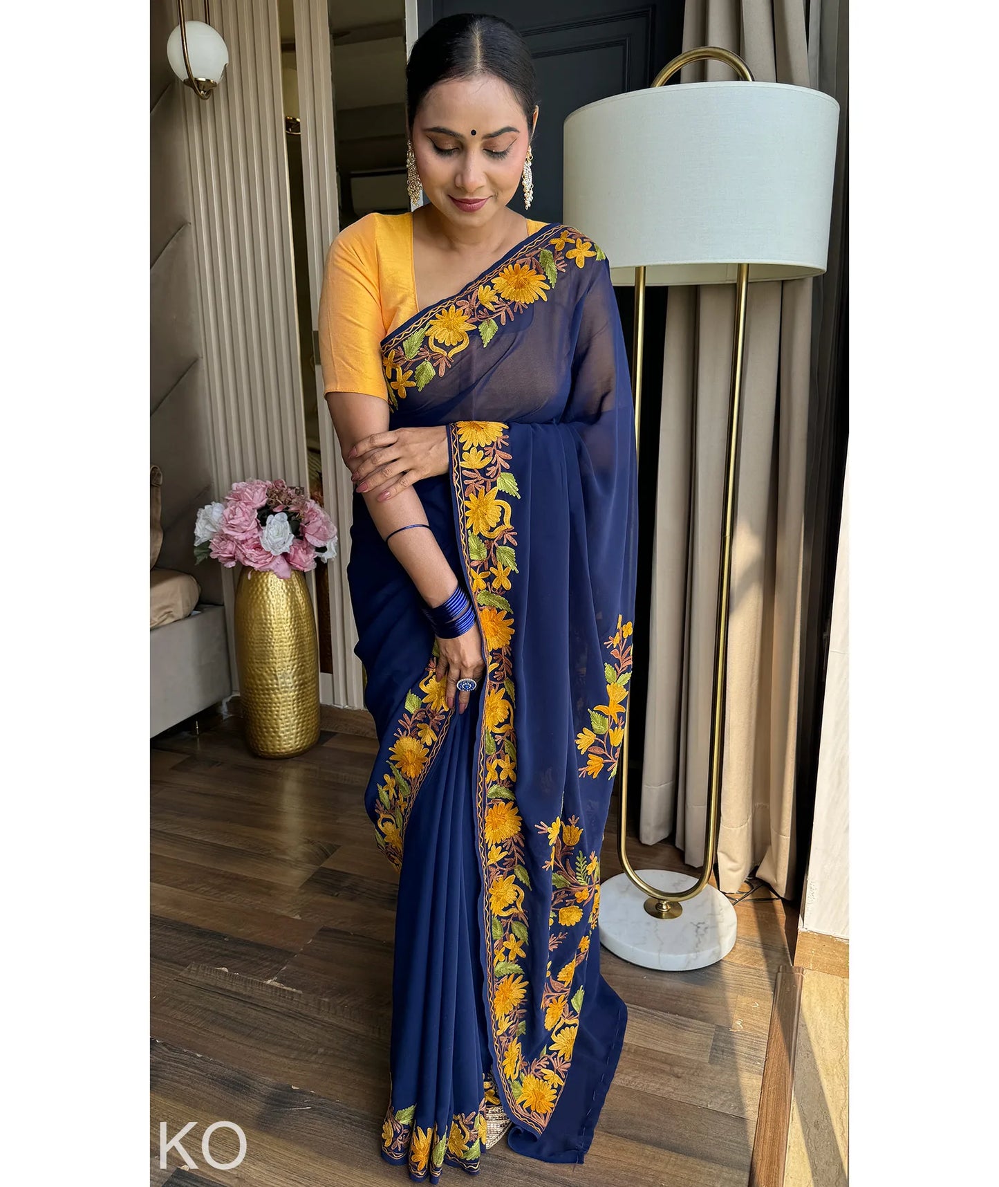 Posh Bahaar Blue Aari Embroidered Georgette Saree