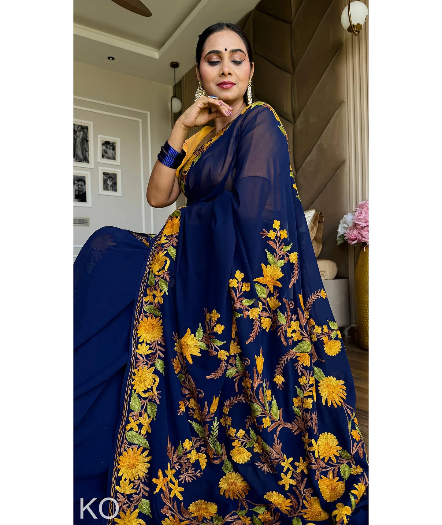 Posh Bahaar Blue Aari Embroidered Georgette Saree