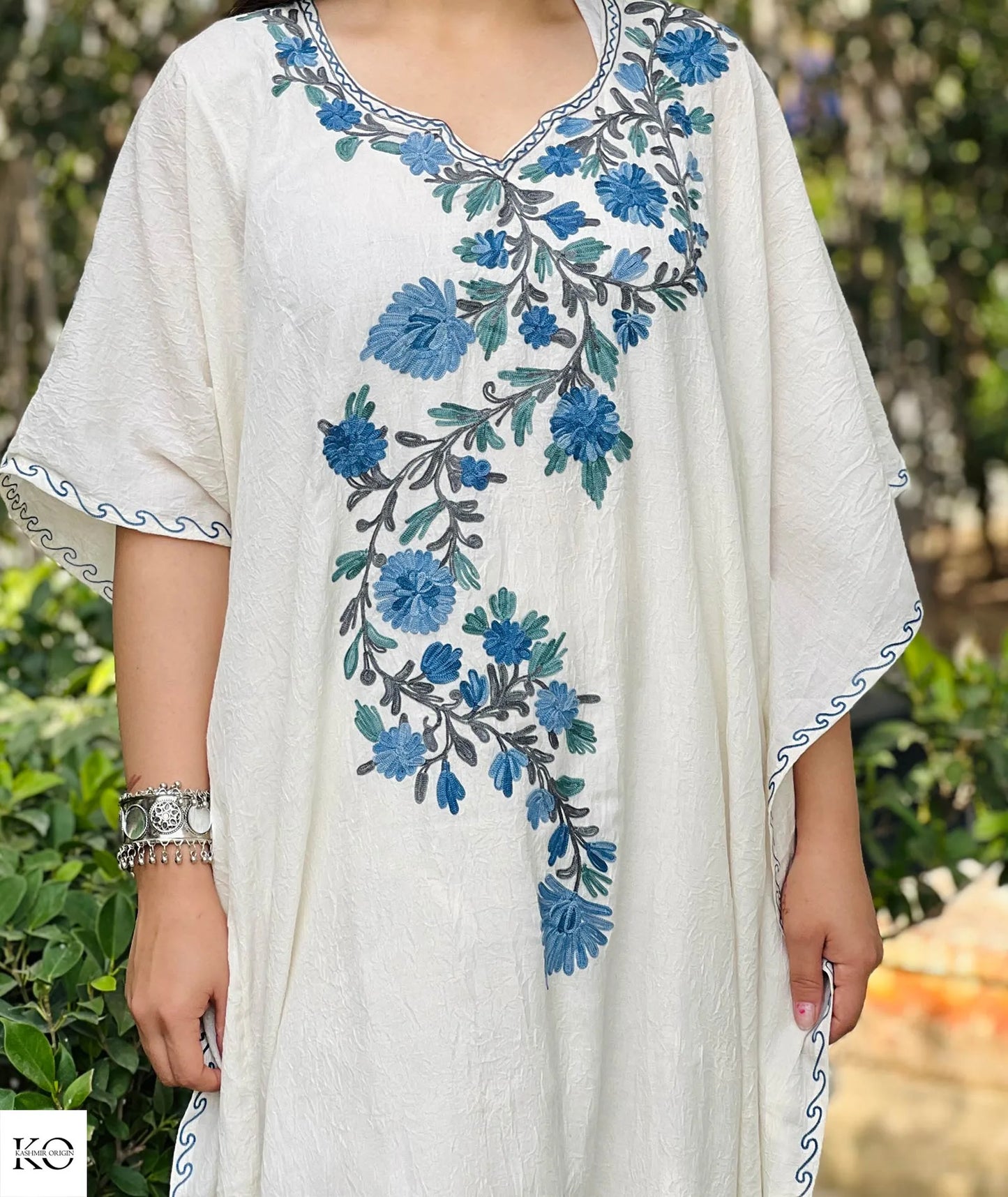 Blue Posh Thaer Design Embroidered White Cotton Kaftan