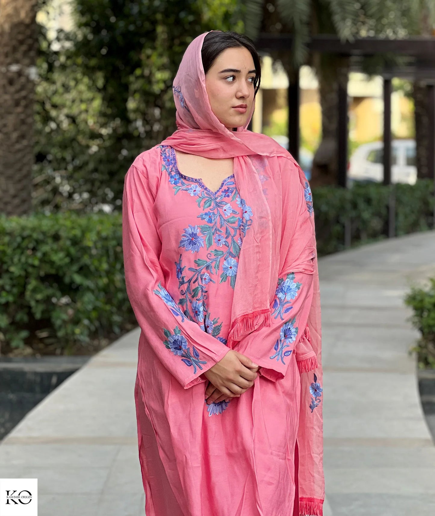 Pink & Blue Embroidered Silk Crepe Co ord Set | Full Suit with Lace Dupatta