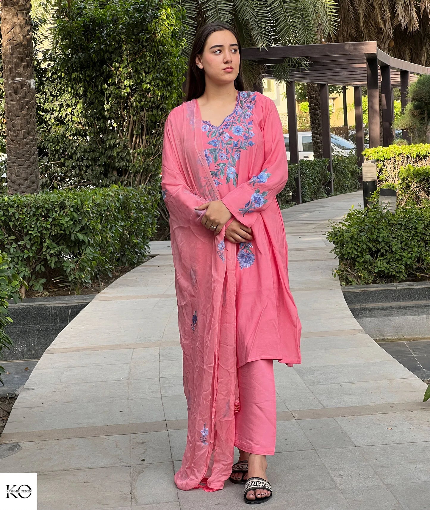 Pink & Blue Embroidered Silk Crepe Co ord Set | Full Suit with Lace Dupatta