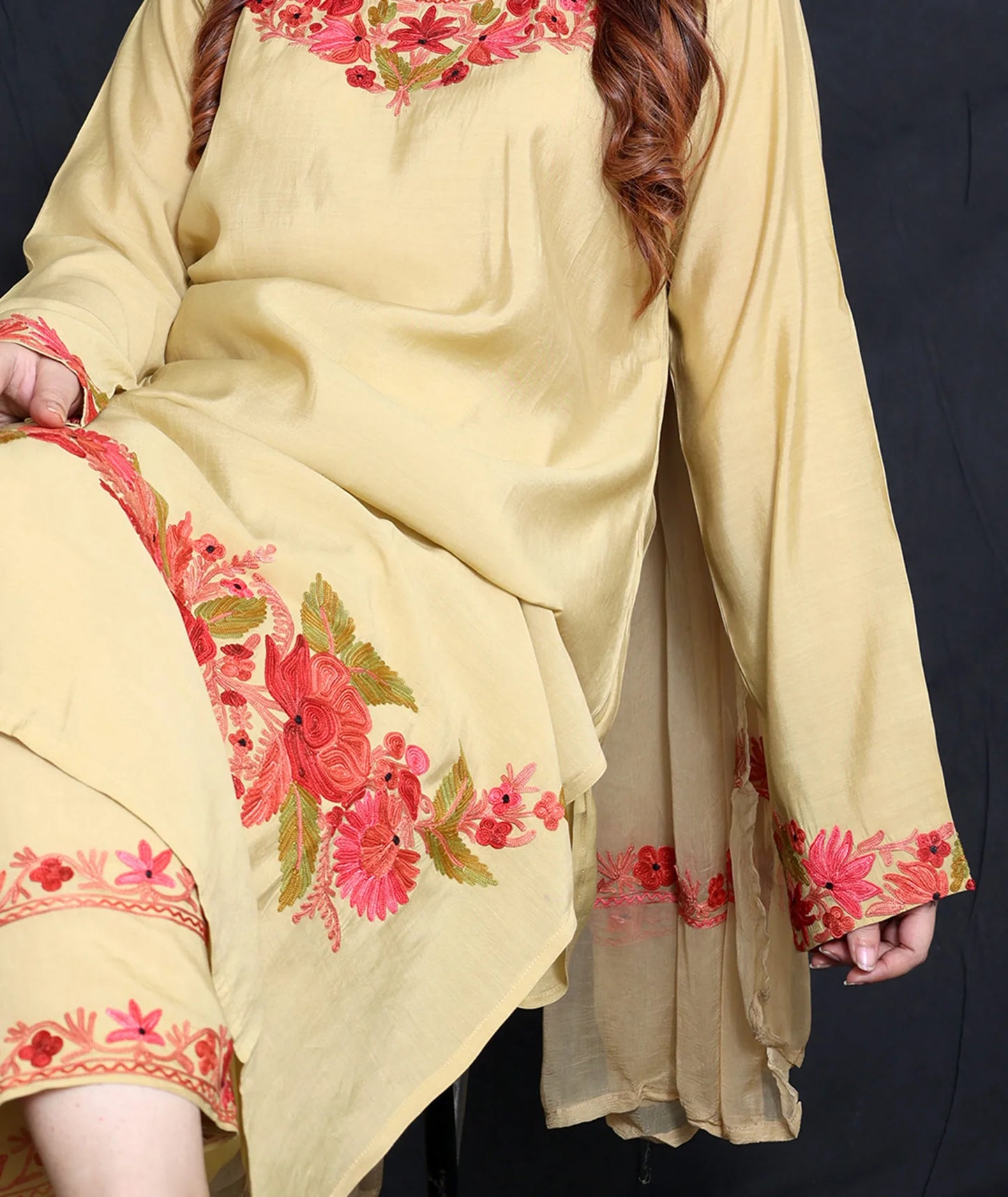 Light Gold Silk Crepe Flower Design Embroidered Suit With Dupatta