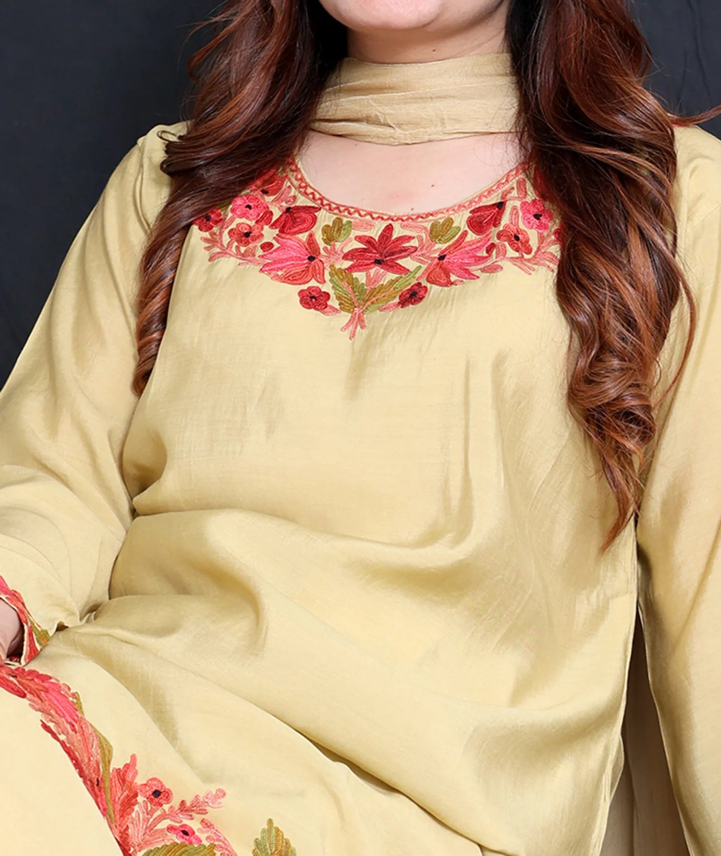 Light Gold Silk Crepe Flower Design Embroidered Suit With Dupatta