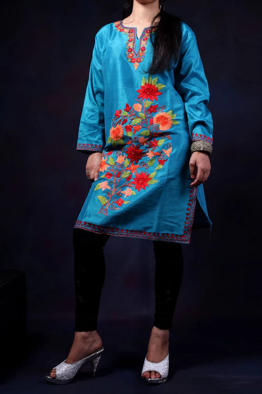 Sea Green Flower Aari Embroidered Kurti