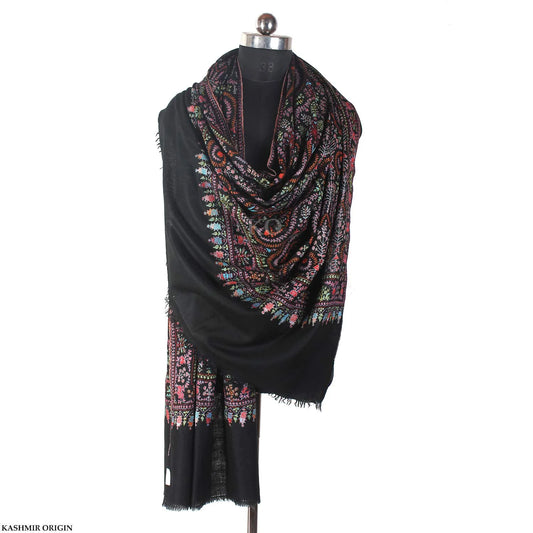 Black  Sozni Embroidered Cashmere Pashmina Jamawar Shawl