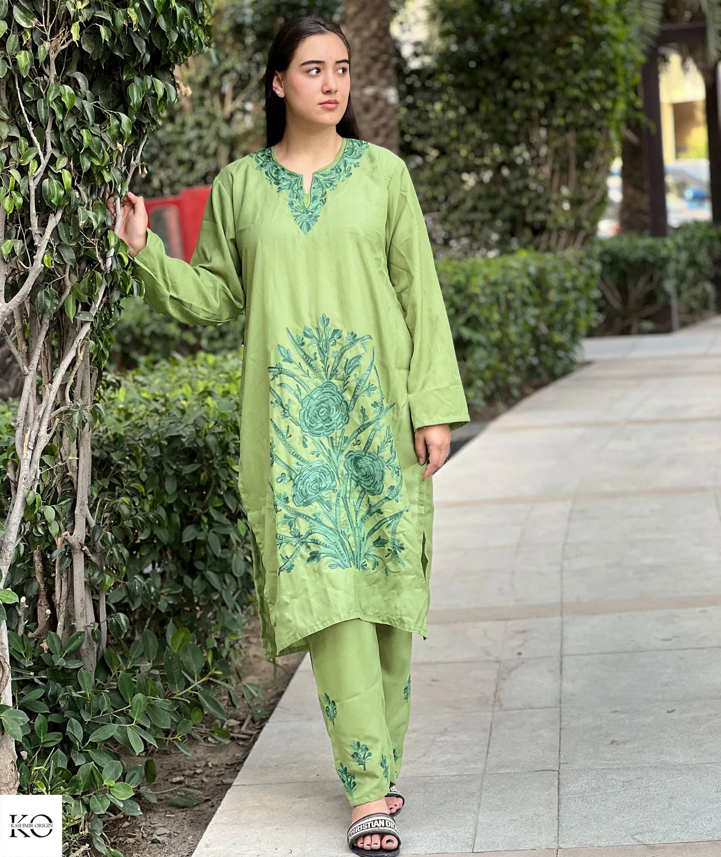 Green Tone on Tone Embroidered Cotton Co ord Set | Full Suit