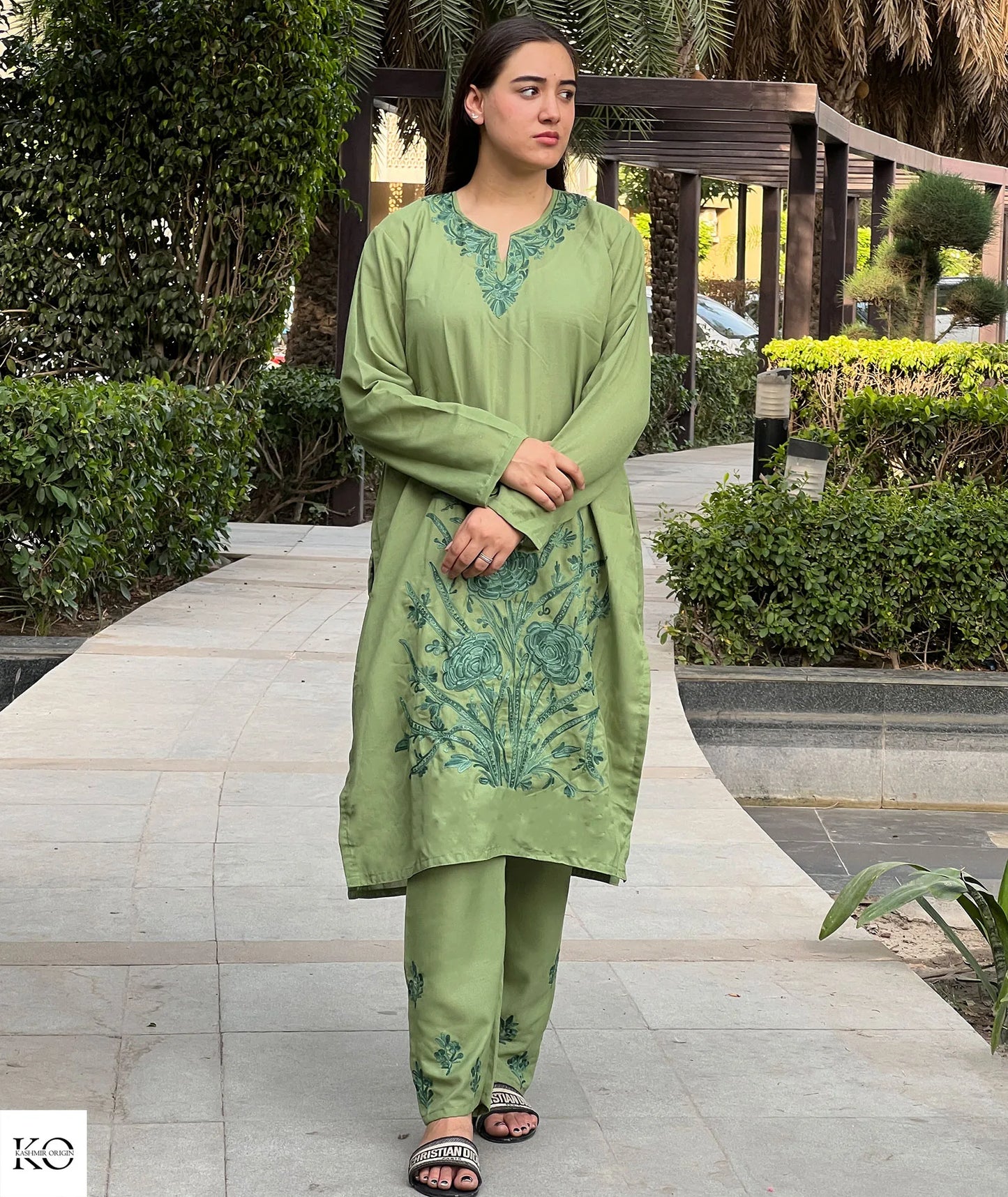 Green Tone on Tone Embroidered Cotton Co ord Set | Full Suit