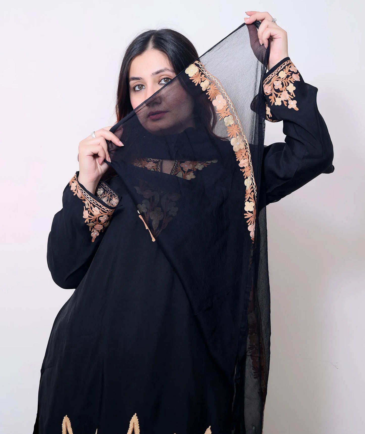 Black Silk Crepe Embroidered Border Design Suit With Dupatta