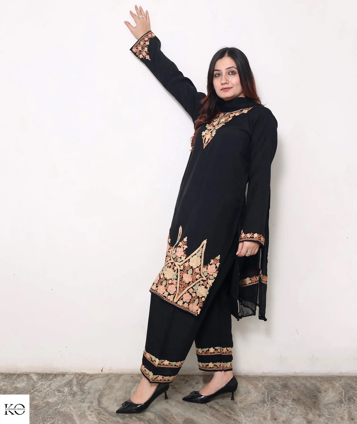 Black Silk Crepe Embroidered Border Design Suit With Dupatta