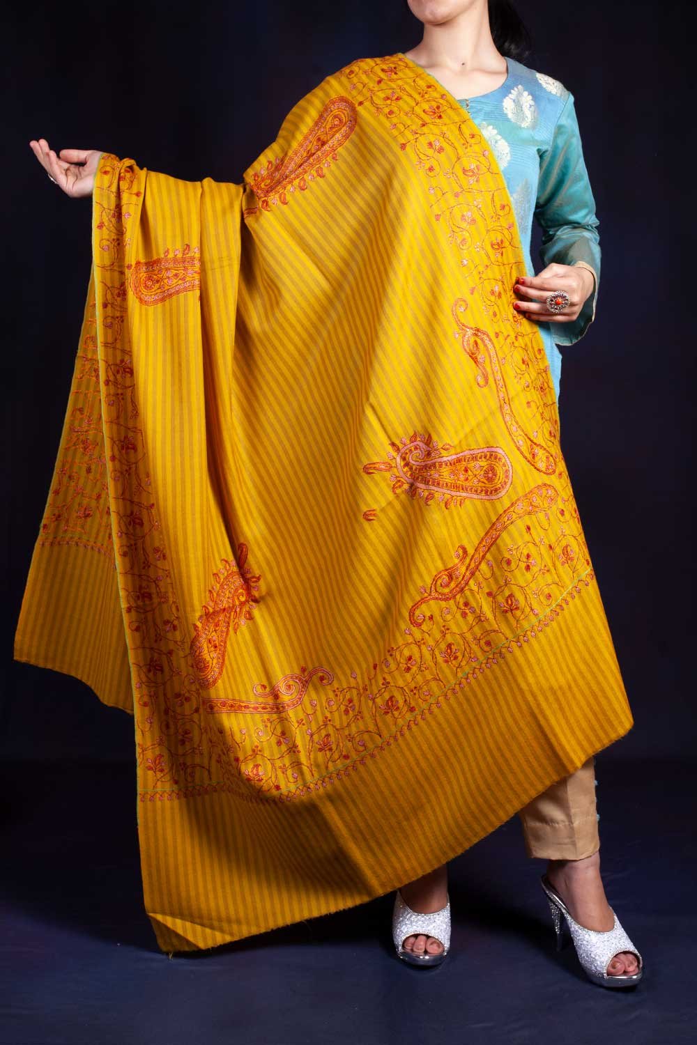 Golden Designed Jaalidaar Sozni Embroidered Shawl