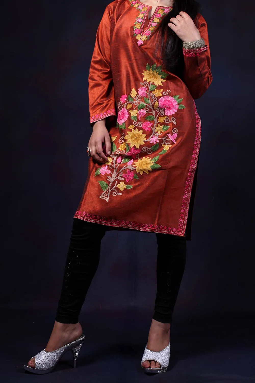 Brown Tussar Silk Aari Embroidered Kurti