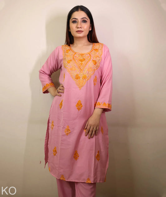 Rose Pink  Aari Embriodered Butidaar  Cord Set | Full Suit