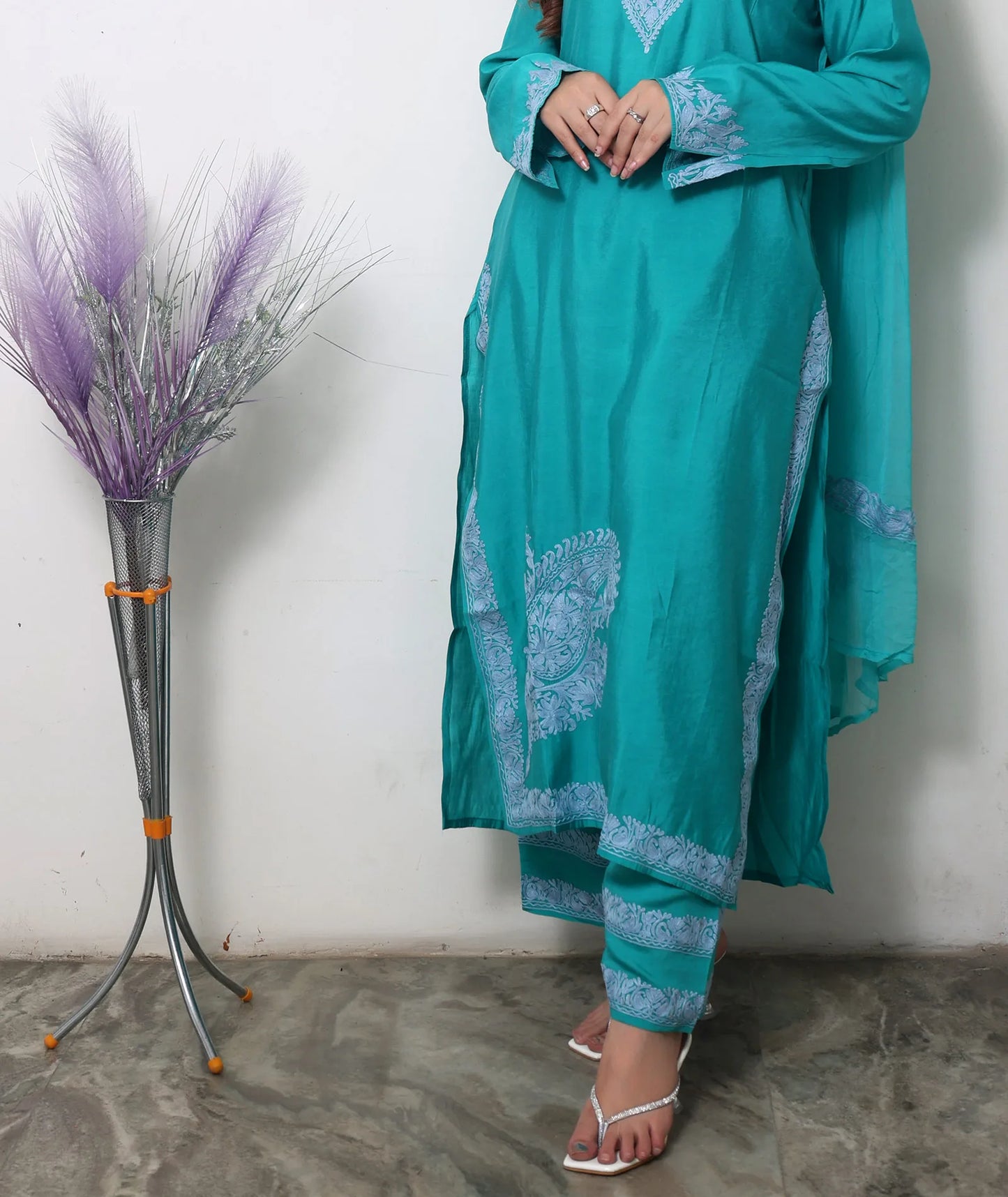 Turquoise Green Silk Crepe Embroidered Border Design Suit With Dupatta