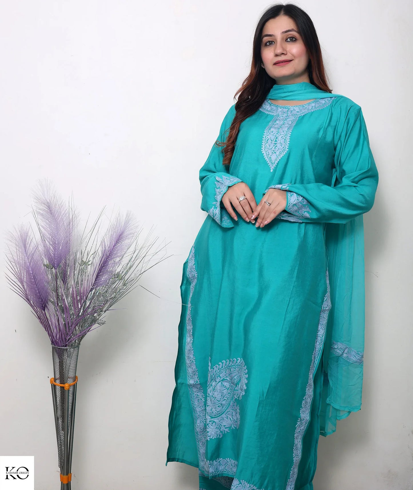 Turquoise Green Silk Crepe Embroidered Border Design Suit With Dupatta