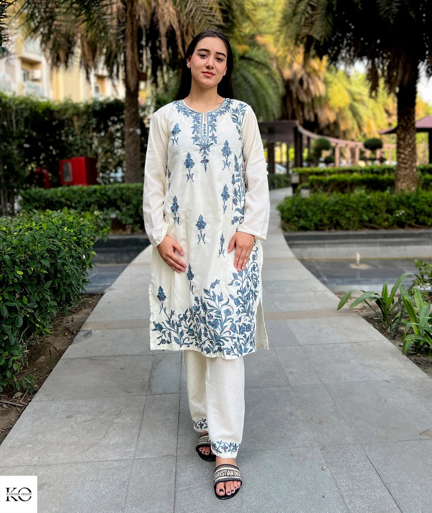 White With Grey Embroiderey Cotton Co ord Set | Full Suit