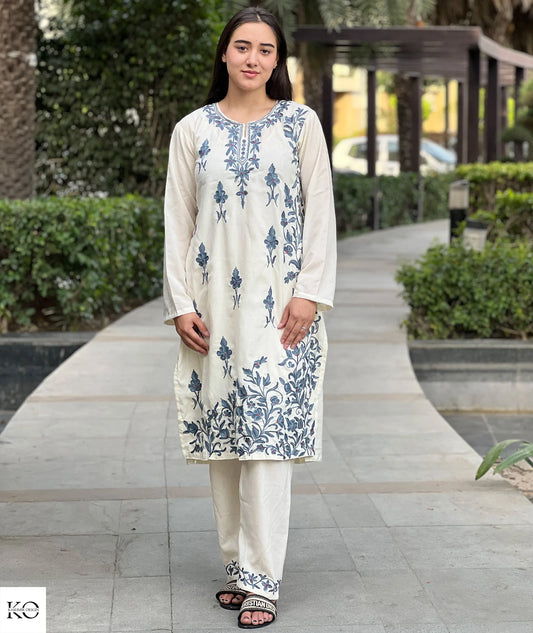 White With Grey Embroiderey Cotton Co ord Set | Full Suit