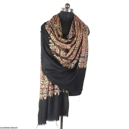 Black Pasley Sozni Embroidered Cashmere Pashmina Jamawar Shawl