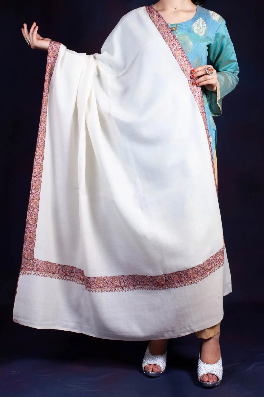 White Dhoor Daar Sozni Embroidered Shawl