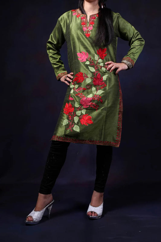 Army Green Aari Embroidered Kurti