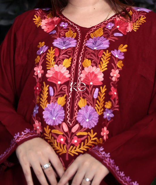 Maroon Poshkaar Aari Embroidered Pheran