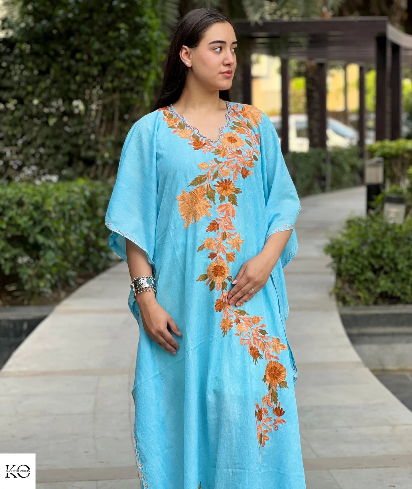 Posh Thaer Design Embroidered Sea Green Cotton Kaftan