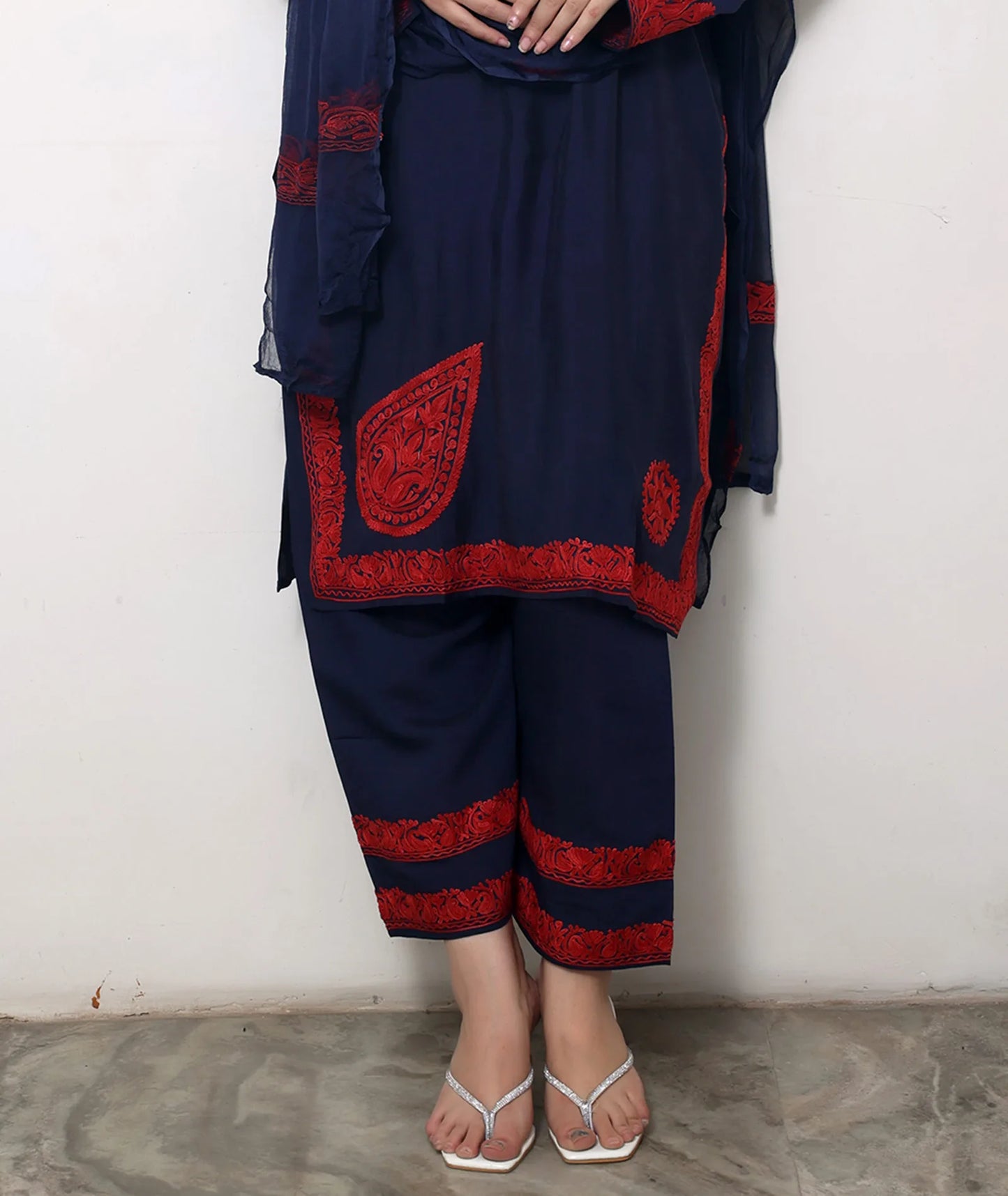 Blue & Red Silk Crepe Embroidered Suit With Dupatta