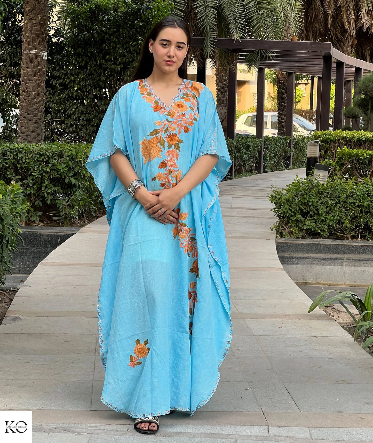 Posh Thaer Design Embroidered Sea Green Cotton Kaftan