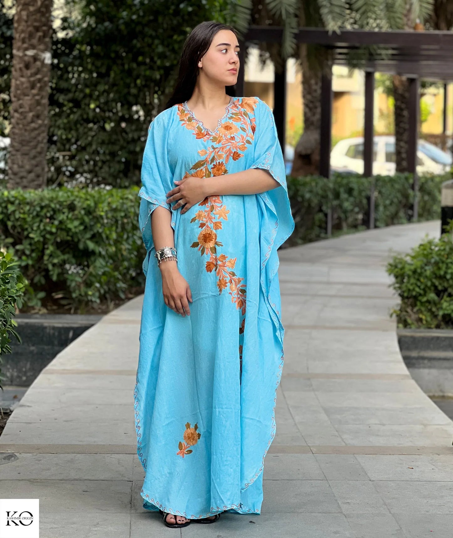 Posh Thaer Design Embroidered Sea Green Cotton Kaftan