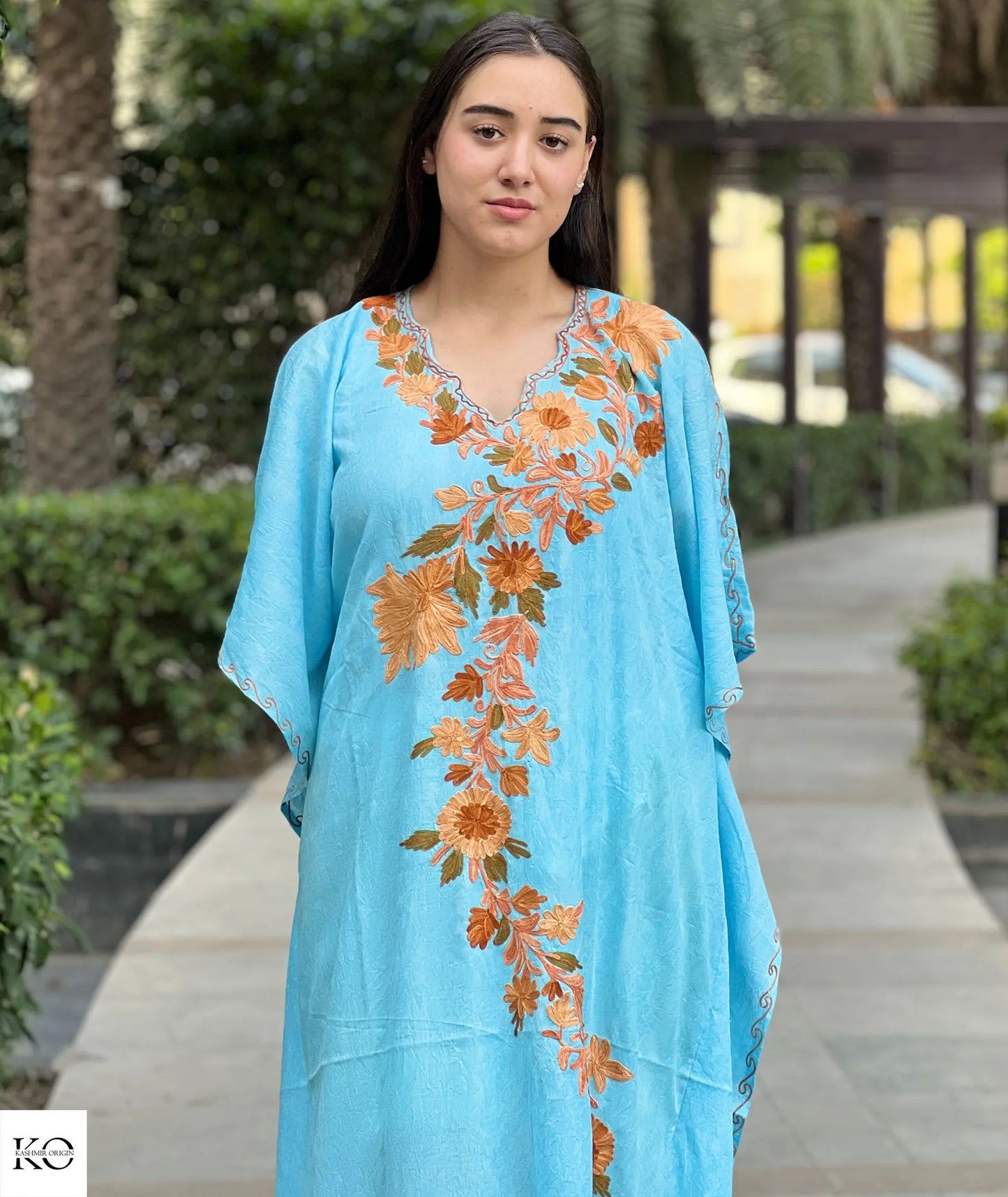 Posh Thaer Design Embroidered Sea Green Cotton Kaftan