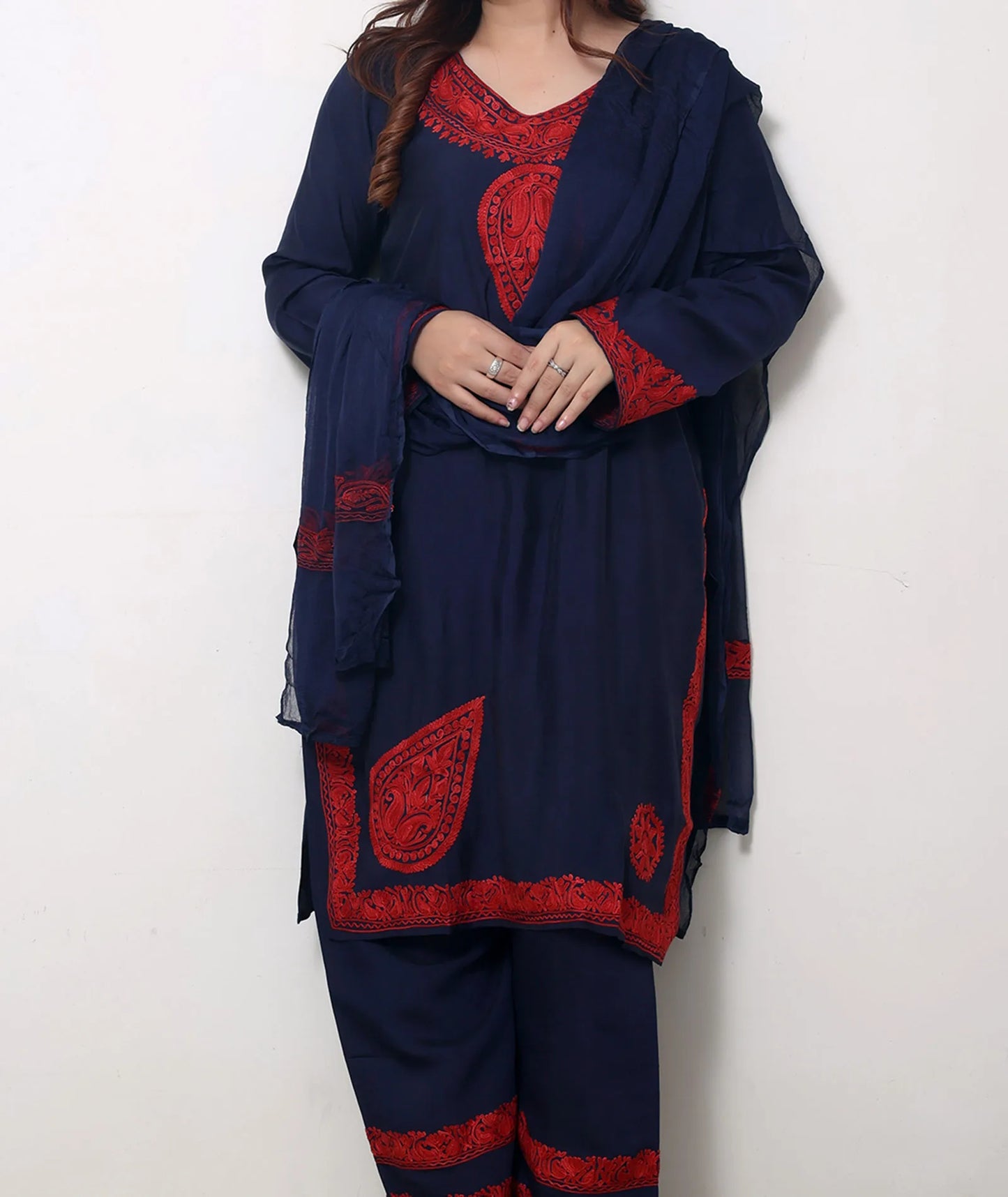 Blue & Red Silk Crepe Embroidered Suit With Dupatta