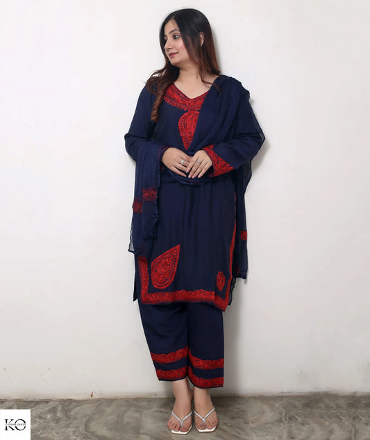 Blue & Red Silk Crepe Embroidered Suit With Dupatta