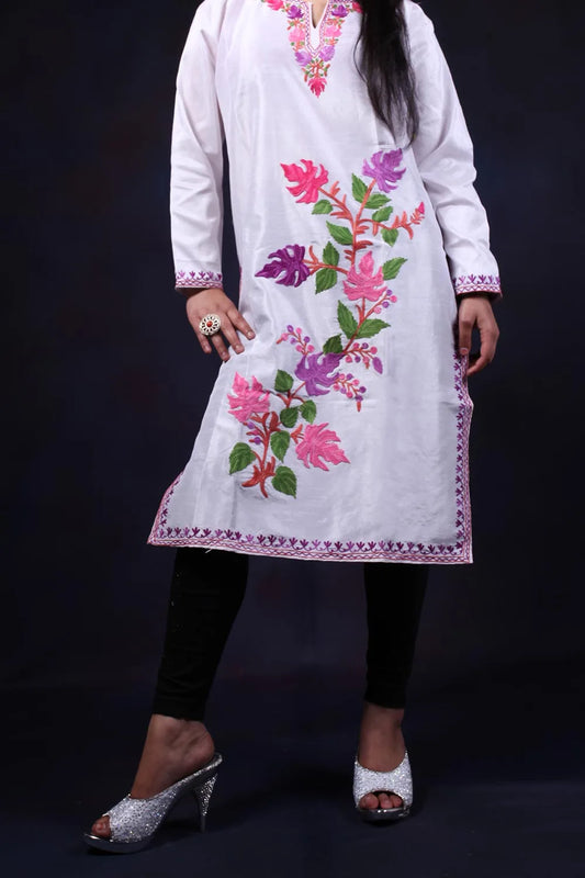 White Tussar Aari Embroidered Kurti