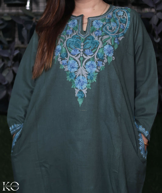 Grey & Blue  Aari Embroidered Pheran