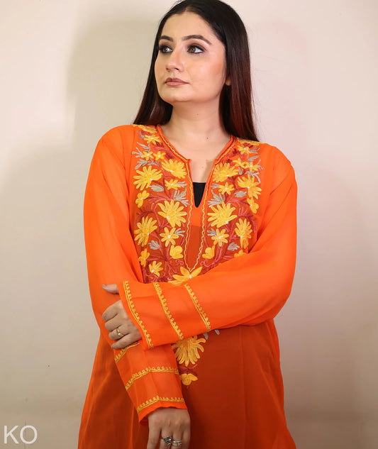 Orange  Shade Floral Design Aari Embroidery Georgette Kurti