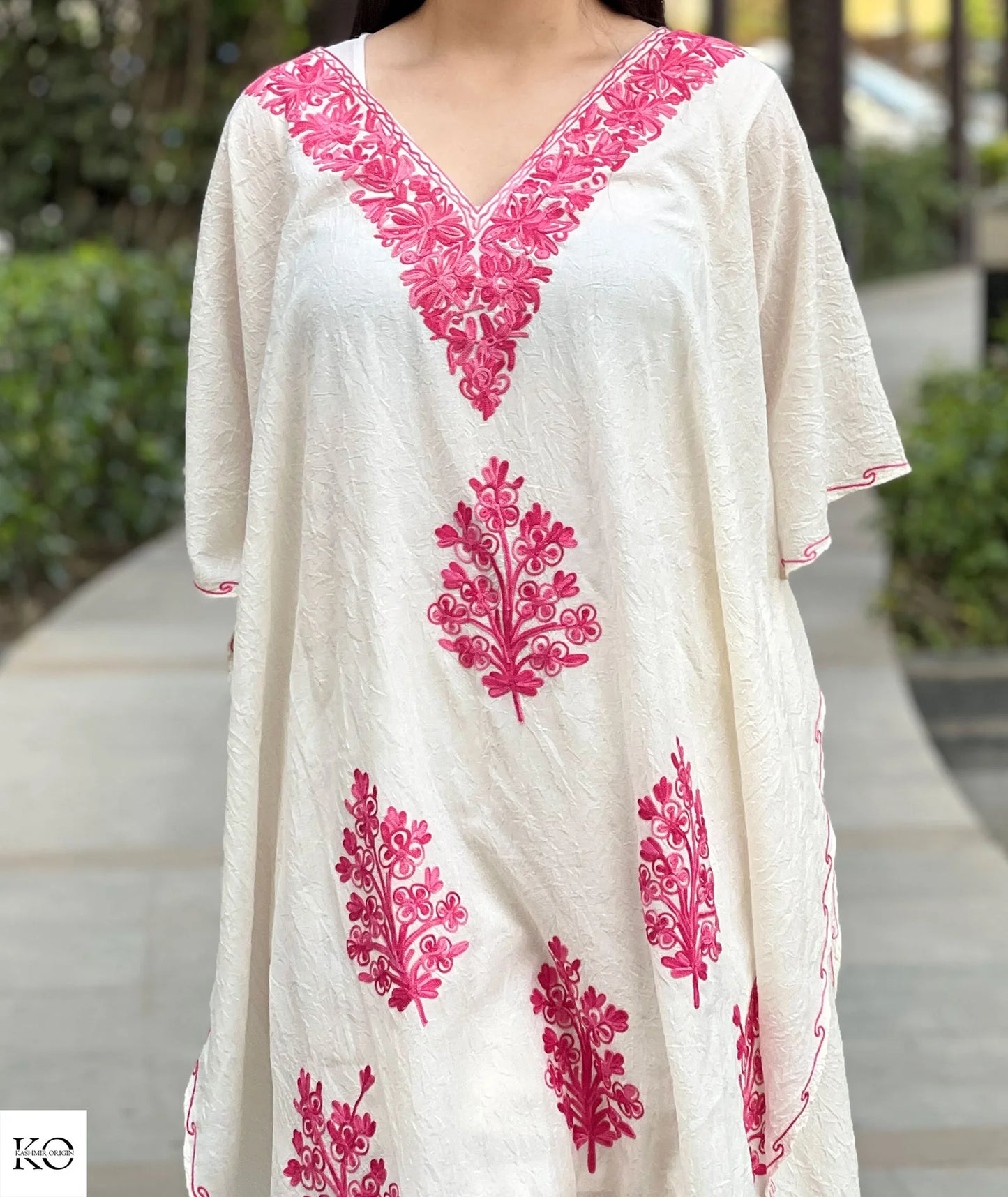 Pink Bootidaar Embroidered Creme Short Kaftan