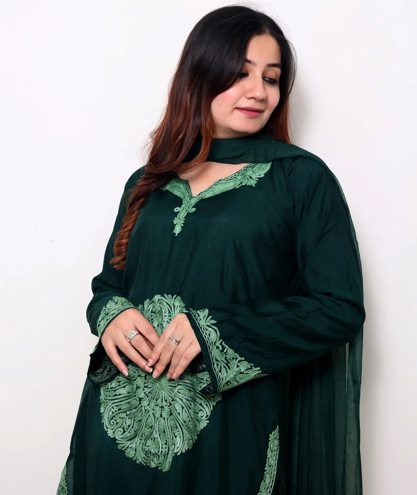 Green Tone on Tone Silk Crepe Embroidered Suit With Dupatta