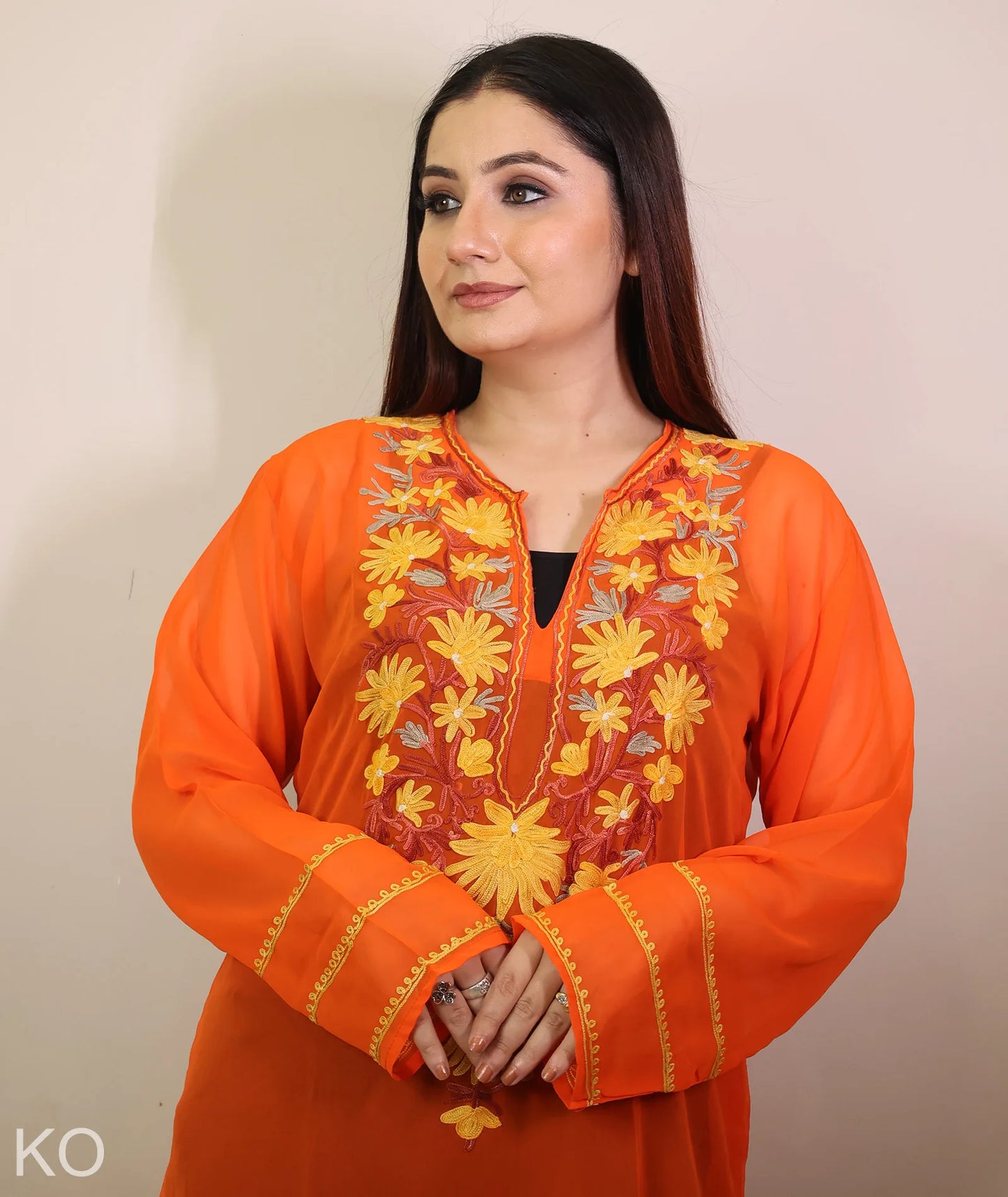 Orange  Shade Floral Design Aari Embroidery Georgette Kurti