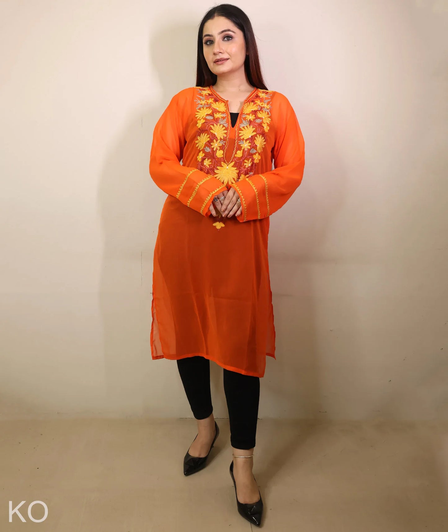 Orange  Shade Floral Design Aari Embroidery Georgette Kurti