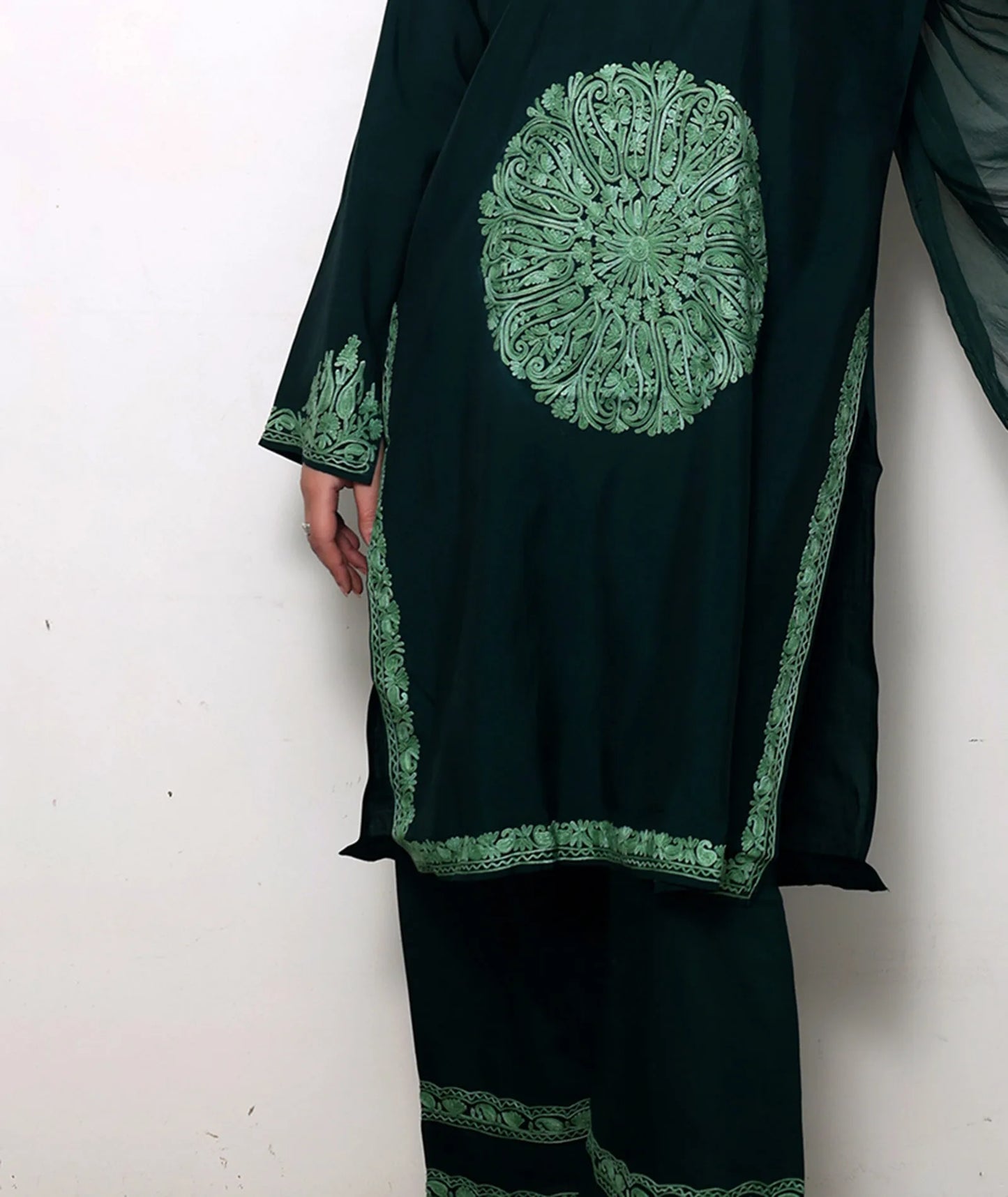 Green Tone on Tone Silk Crepe Embroidered Suit With Dupatta