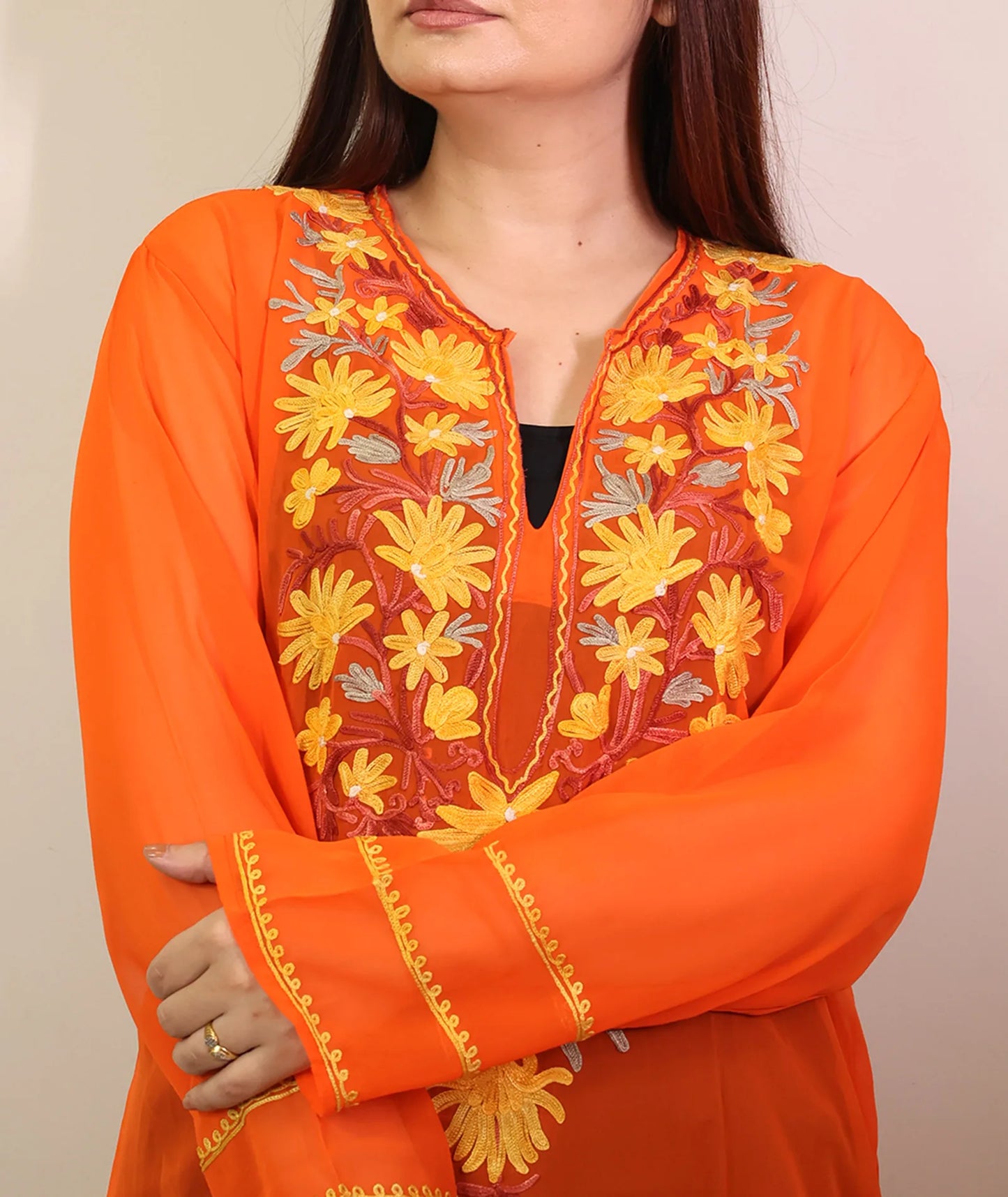 Orange  Shade Floral Design Aari Embroidery Georgette Kurti