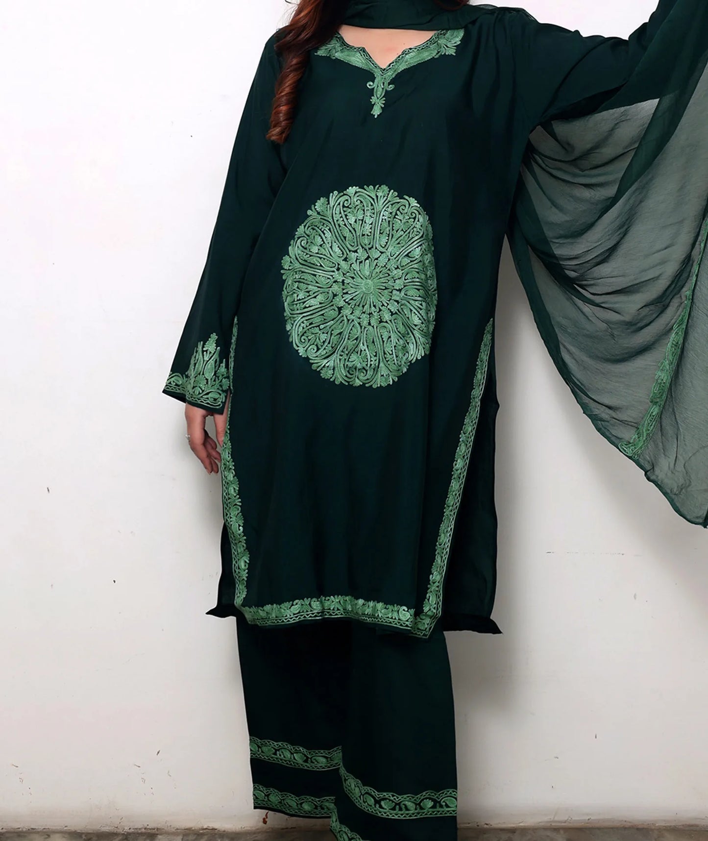 Green Tone on Tone Silk Crepe Embroidered Suit With Dupatta