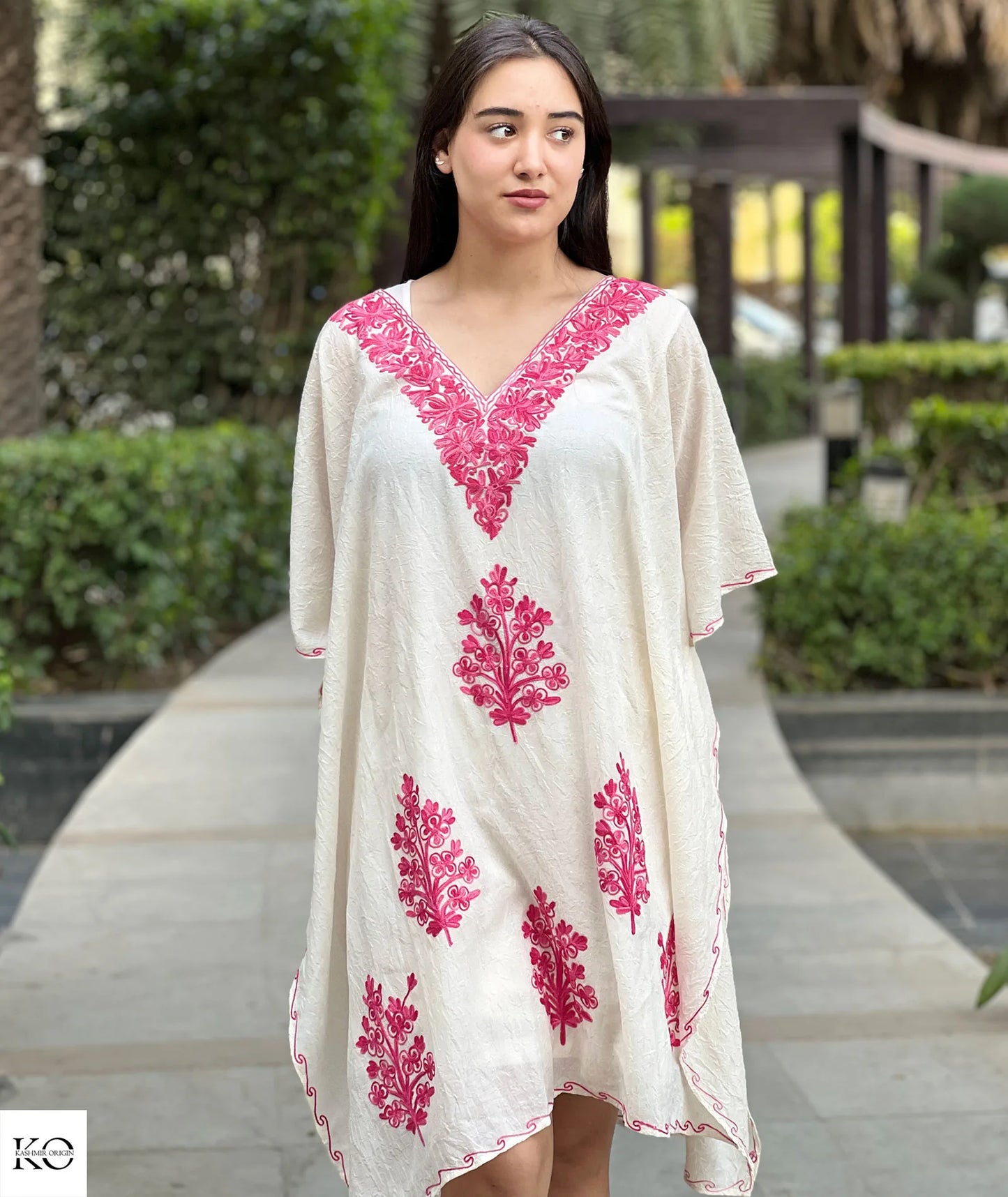 Pink Bootidaar Embroidered Creme Short Kaftan