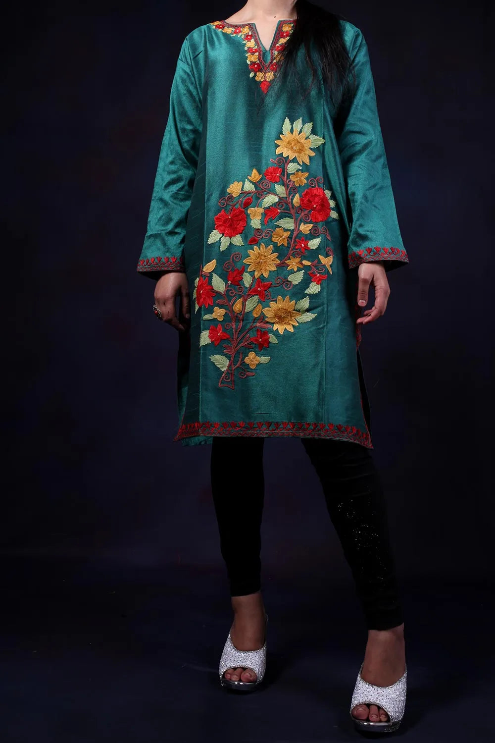 Pine Green Aari Embroidered Kurti