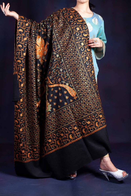 Black Jaalidaar Chinar Sozni Embroidered Shawl