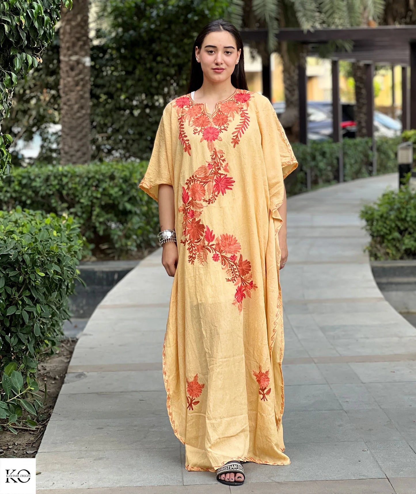 Beige Floral Design Emboidered Cotton Kaftan