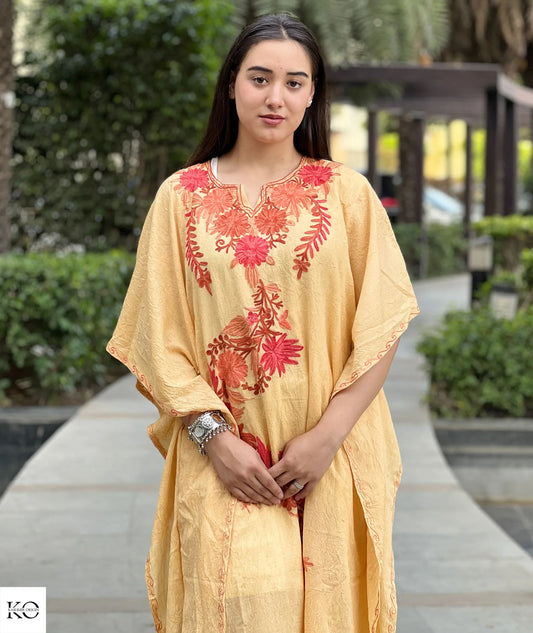 Beige Floral Design Emboidered Cotton Kaftan