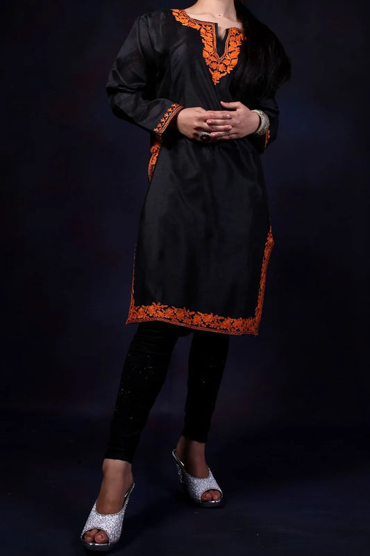 Charcoal With Brown Aari Embroidered Kurti