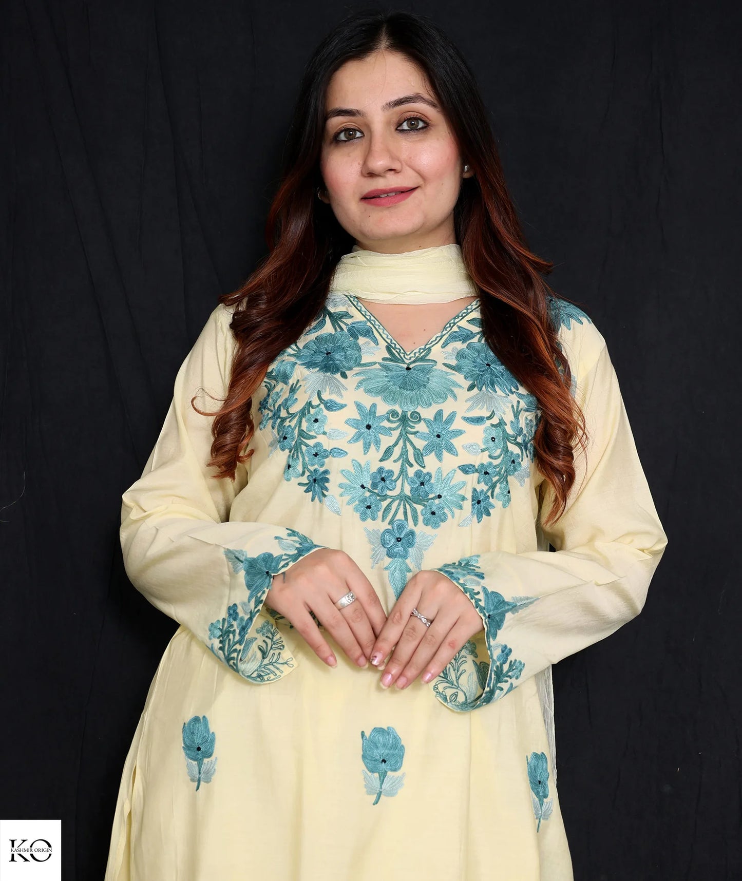 Lemon Silk Crepe Embroidered Suit With Dupatta