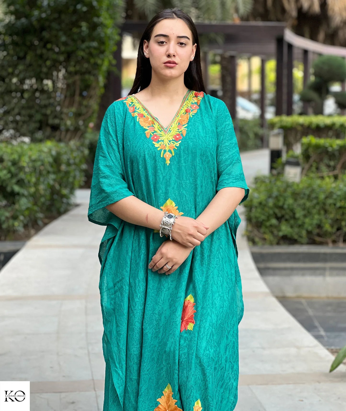 Green Bootidaar Embroidered Cotton Kaftan