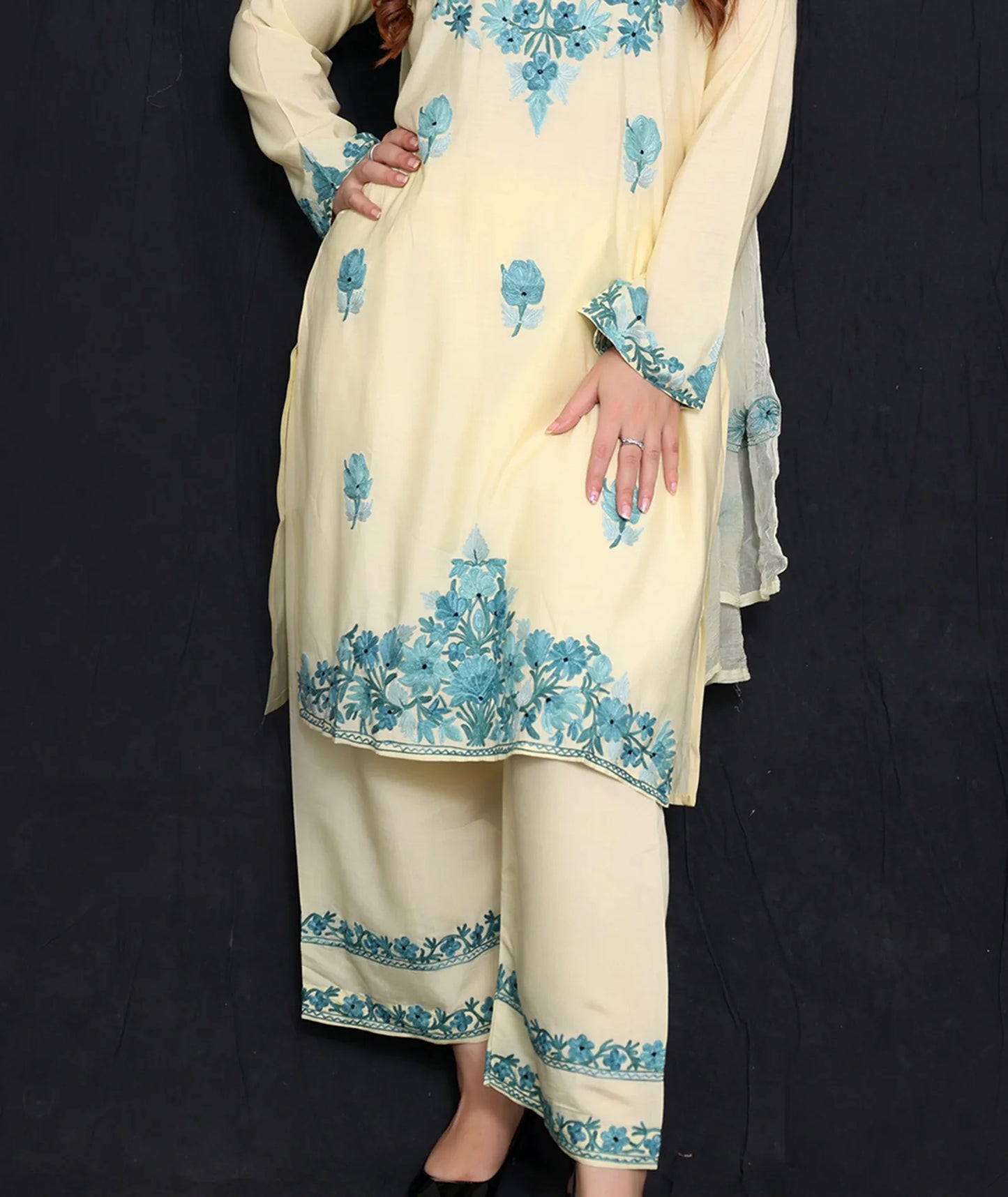 Lemon Silk Crepe Embroidered Suit With Dupatta